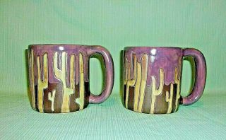 Design By Mara Mexico 4 - 1/4 " Tall Glazed Pottery Coffee Cup Mug With Cactus Pair