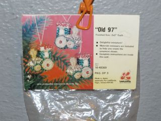 Vintage Holiday Old 97 3 Mini Grn Gold Red Trains Bead Sequin Ornament Kit Read