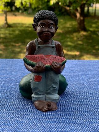 Vintage Black Americana Folk Art Boy In Bib Overalls Watermelon Toe Up ❤️ Sj17j