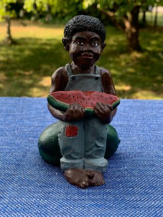 Vintage Black Americana Folk Art BOY IN BIB OVERALLS Watermelon Toe UP ❤️ sj17j 2