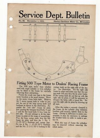 1920 Harley - Davidson Service Bulletin,  Fitting Motor To Racing Frame