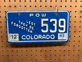 Colorado License Plate Pow Prisoner Of War Rare 1992 Blue Veteran Co Unique