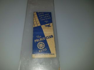 Vintage Nevada Matchbook Cover The Palace Club Reno Nevada