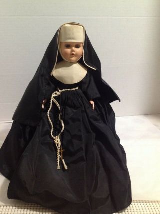 Vintage Hard Plastic 11 " Doll Nun Black Dress With Belt Sleeping Eyes Cross