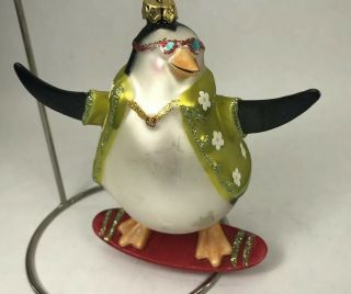 Tropical Surfing Penguin Hawaiian Shirt Blown Mercury Glass Christmas Ornament