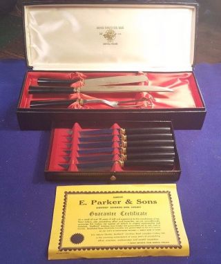 Vintage Sheffield Stainless E Parker & Sons Carving Set & 5 Steak Knives 3709