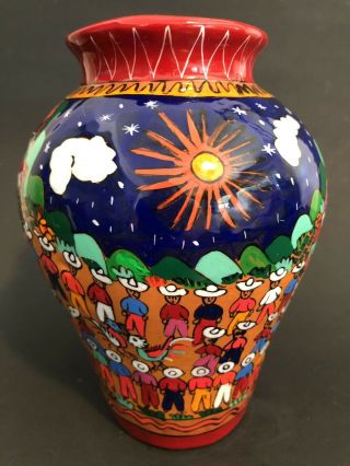 Vintage Clay Pottery Vase Hand Painted Mexican Folk Art Mexico Wedding People