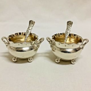 Vintage Pair 2 Wilcox Silver Plate Footed Open Salt Cellars Condiment Pot Spoons