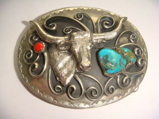 925 Sterling Silver Turquoise Coral Native Bull Buckle Limited Edition Nr