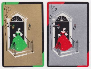 2 Single Vintage Swap/playing Cards Lady & Bird At Doorway Gold/silver