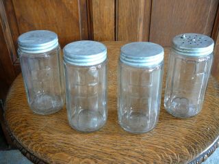 4 Antique Clear Glass Hoosier Kitchen Cabinet Spice Jars - Vertical Panels - Vg