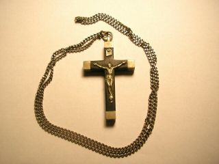 Antique Pectoral Cross Priest Nun Crucifix Catholic Ebony Wood & Metal On Chain