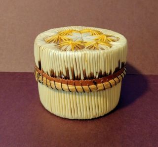 Vintage Great Lakes Porcupine Quill Box Cream Yellow Brown Birch Bark Design