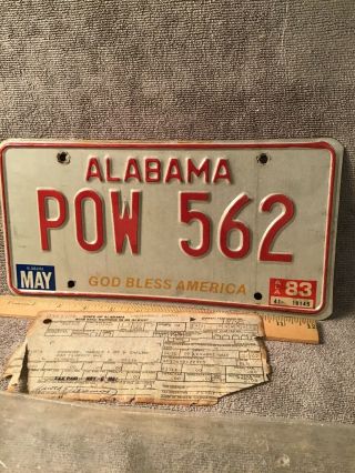 1983 Alabama Pow License Plate With Tag Receipt Decatur Very Cool