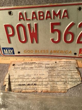 1983 Alabama POW License Plate With Tag Receipt Decatur Very Cool 2