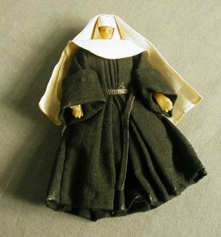 Vintage Nun Doll - Black & Cream - Handmade - Wax Face & Hands - 5 " T - 25 Em