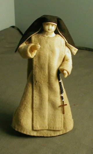 Vintage Nun Doll - Black Habit & Felt Outfit - Wax Face & Hands - 8 " T - 22 Em