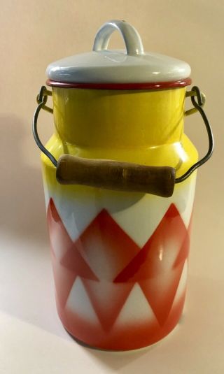 Vintage Enamel Pail Milk Canister Kitchen With Wood Handle Slovenia