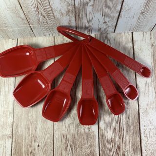Vintage Tupperware Dark Red 7 Measuring Spoons And Ring Complete 4