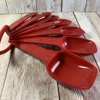 Vintage Tupperware Dark Red 7 Measuring Spoons And Ring Complete 5