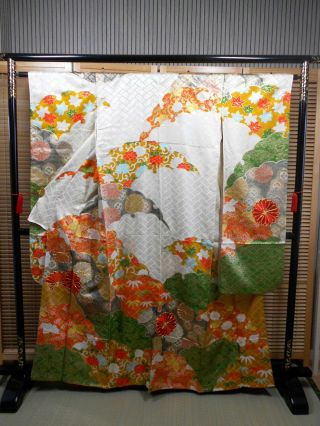 Japanese Kimono Silk " Furisode " Long Sleeves,  Flowers,  Gold Leaf,  Embroidery 63 ".  729