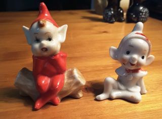 Vintage Ceramic Elf Pixie Sitting On Log Figurines 2 Japan
