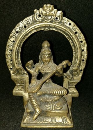 Vintage Indian Hindu Saraswati God Brass Icon Statue