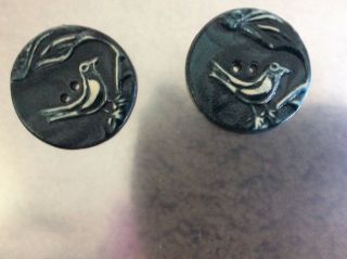 Ceramic Large (1 1/2”) Buttons With An Etched Bird,  Black And Ivory,  Set Of 2