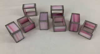 Stained Glass Napkin Rings Pink White Silver Vintage Set Of 8 Rectangle Shaped