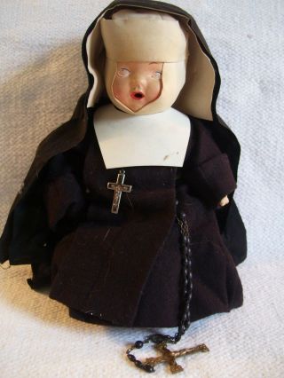 Antique/vintage Nun Doll Composition Body W/ Rosary Beads & Cross Marked France