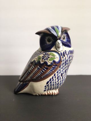 Vintage Mexican Stoneware Pottery Tonala Folk Art Owl Bird.  8 1/2 Tall X 8 X 5.