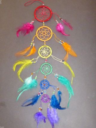 6 Circle Rainbow Bead Dream Catcher 21 " Long Feather Wall Decoration