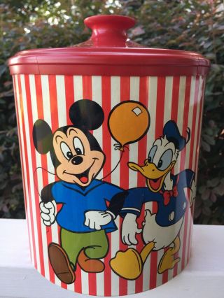 Vintage Metal Tin Disney Cookie Jar Cheinco Mickey Mouse Donald Duck Goofy 1970s