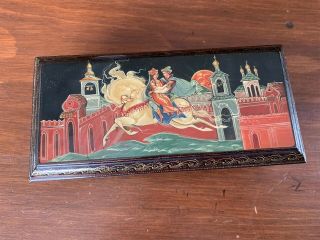 Stunning Vintage Hand Painted Russian Lacquer Box W/ Man,  Woman & Horse 7 " X3 " X2 "