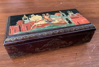 Stunning Vintage Hand Painted Russian Lacquer Box w/ Man,  Woman & Horse 7 