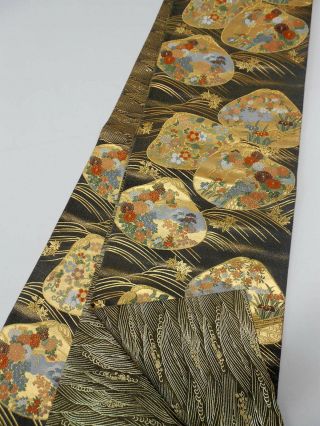 Japanese Kimono Silk Fukuro Obi,  Rokutu,  Flowers In Shell,  Gold Thread,  Foil, .  742
