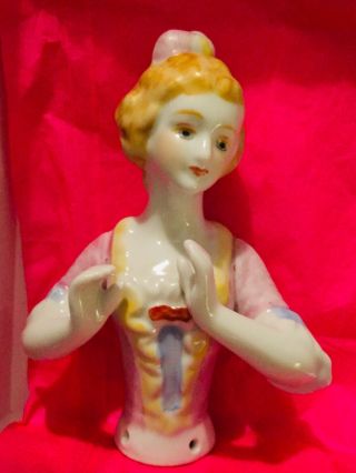 Vintage Half Doll Pin Cushion Powder Puff Porcelain Lady Arms Away Unsigned 5”