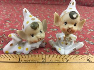 Vtg Pair Tiny Ceramic Pixie Elves White Gold Polka Dots 2” X 3” Japan