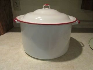 Vintage Enamelware,  White With Red Rim Enamel Ware Stock Pot And Lid