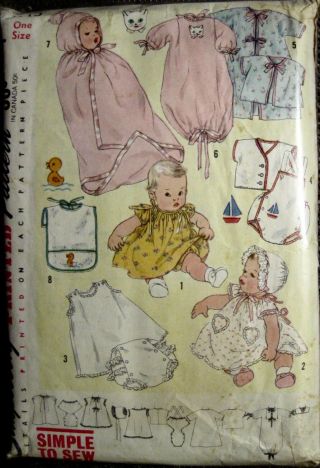Vintage Simplicity Infant Layette Pattern 1443 7 Outfits W/transfers One Size