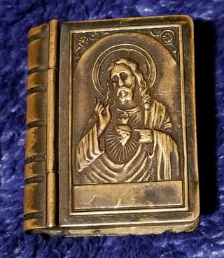 Antique Metal Tin Miniature Bible Holder W/christ Image Military Wwii Related?