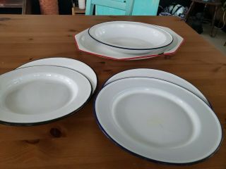 Vintage Enamelware Farmhouse Serving Plates Dishes White With Blue Rim Set Of 5