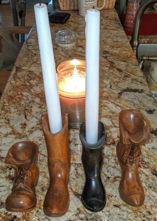 Wooden Shoes Hand Carved Candle Holders X4