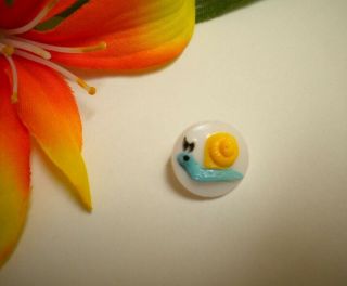 Vintage Blue & Yellow Snail White Milk Glass Kiddie Picture Button