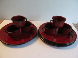 Vintage Rust/maroon Black Trim Porcelain Enamelware Camping 13 Pc Plates & Cups