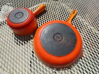 Vintage Le Creuset Enameled Orange Flame 23 Skillet 14 Saucepan Pan