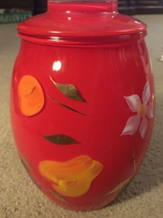 Vintage Bartlett Collins Red Glass Cookie Jar Hand Painted Flowers & Fruit