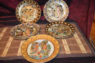 5 Porcelain Satsuma Decorative Plates Geisha Girls & Floral 7 7/8 "