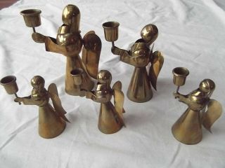 Vtg Set 5 Mexican Folk Art Hand Crafted Brass Angel Holiday Xmas Candle Holder