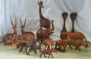 14 African Wooden Hand Carved Figurines Elephant Gazelle Leopard Rhinos Giraffe